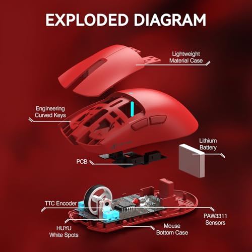 ATTACK SHARK X11 Wireless Gaming Mouse, PAW3311 Sensor, Lightweight, RGB Charging Dock, 22,000 DPI, Tri-Mode Connectivity, 5 Programmable Buttons - Red - color: Red, size: Mouse only
