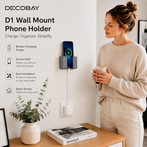 Wall Phone Holder, Adhesive Phone Wall Mount with Cable Hole, Bathroom Bedside Kitchen RV Phone Holder Compatible with iPhone, Android Phones and Remote Controls (Gray) - color: Gray