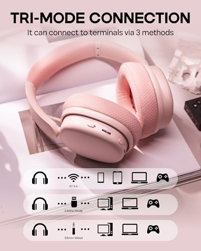 EPOMAKER X Aula G7 Pro Wireless Gaming Headset, Dual Mode BT5.3 & 2.4GHz | 7.1 Surround Sound, 80+ Hour Battery, RGB Light, with Noise Canceling Mic for PS5, PS4, Switch, PC (Pink) - color: Pink