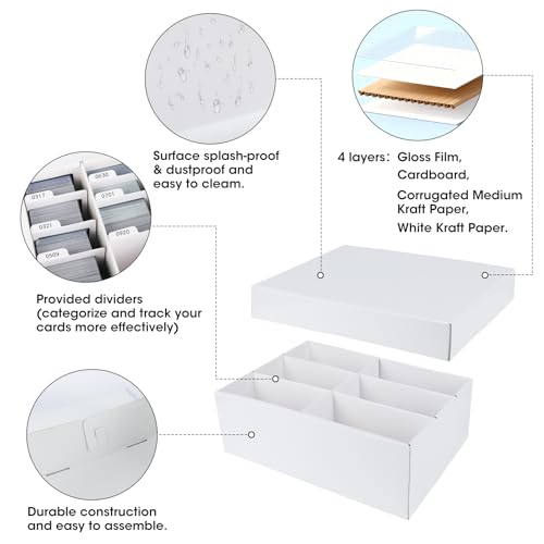 Trading Card Storage Box, 3-Row 3000-Count Card Organizer (4-Pack) | White Corrugated Cardboard Boxes With Dividers, 6-Grid Bulk Card Storage For Baseball/TCG/MTG/Sports/Top Loader Cards