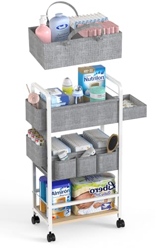 LIDTOP 2In1 Diaper Caddy & 4-Tier Rolling Diaper Cart, Diaper Caddy Organizer Cart with Dividers & Drawer, Mobile Metal Bedside Cart for Baby Nursery Essentials Storage, Large Capacity, White - color: White(with Drawer)