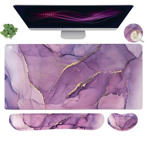 Large Mouse Pad and Keyboard Wrist Rest, Desk Pad for Keyboard and Mouse, 4-in-1 Large Gaming Mouse Pad with Wrist Support, Desk Mat for Home Office Study Game-Purple - color: Purple Texture