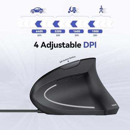 TECKNET Wired Mouse, 6400 DPI Ergonomic Mouse 6 Buttons Silent Mice 4 Adjustable DPI Vertical Mouse Compatible with Windows/Chrome/Laptop/Computer - color: Black