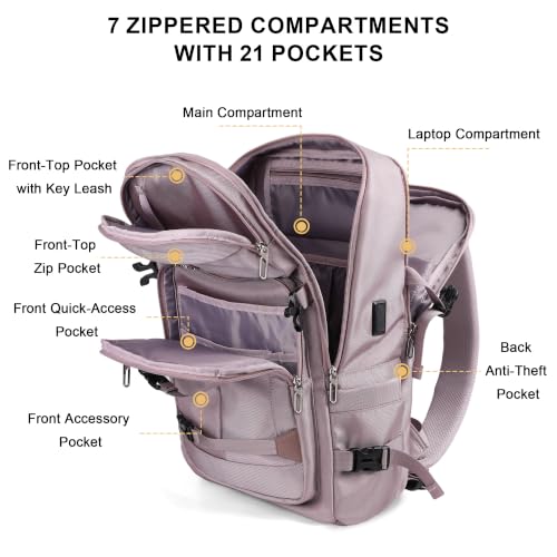 PIJUSHI Casual Travel Backpack for Women with 16" Padded Laptop Compartment | Carry On Luggage with USB Charging Port, 1680D Water-Resistant Nylon, Airline Approved, For Daily, Hiking - color: Updated Ashen Purple