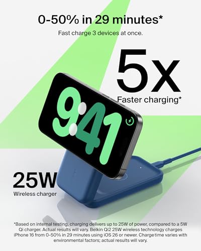 Belkin Qi2.2 25W Magnetic Wireless Charging Station, 3-in-1 Foldable Stand | Fast charging, MagSafe compatible, iPhone charger 17/16/15, Apple Watch, AirPods, Pixel 10, Galaxy S26, 45W adapter