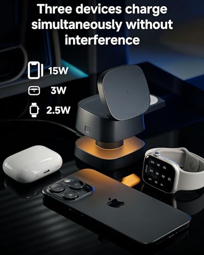 4-in-1 Wireless Charging Station, 15W Fast Charging with Adjustable Night Light, Multi Device Charging Station, Compatible with iPhone 15/14/13/12 Series, Apple Watch, AirPods – Black - color: BLACK