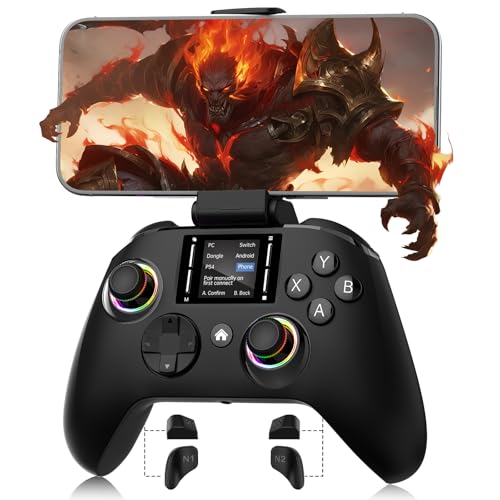 Interactive Screen Wireless Gaming Controller for PC/PS4/Switch/Android/iOS, Gamepad with Phone Clip for Gamers,4 Programmable/Turbo/6-axis Gyro/Dual Vibration/RGB Lighting/Wake-up/Share/Wake-up - color: Black