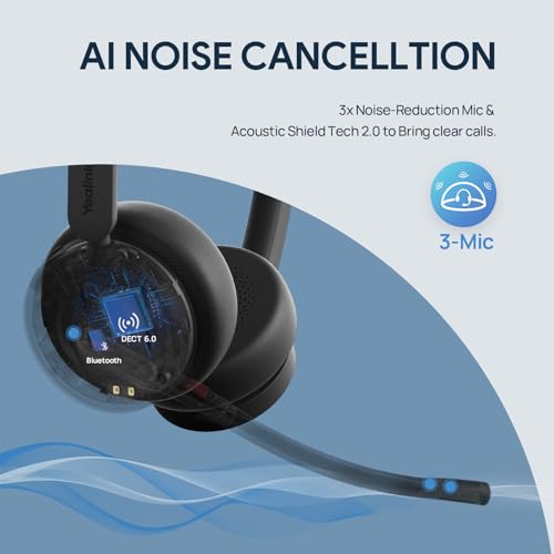 Yealink WH64 Teams Mono DECT & Bluetooth Wireless Headset, 606ft Range Microsoft Certified, Single On Ear Headphone with 3X Noise Cancelling Mic, 26H Talk Time, Office Desk IP Phone, PC, Computer | Fits for PC Deskphone Cellphone, 606ft Range, 3X AI Noise