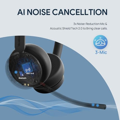 Yealink WH64 Teams Mono DECT & Bluetooth Wireless Headset, 606ft Range Microsoft Certified, Single On Ear Headphone with 3X Noise Cancelling Mic, 26H Talk Time, Office Desk IP Phone, PC, Computer | Fits for PC Deskphone Cellphone, 606ft Range, 3X AI Noise