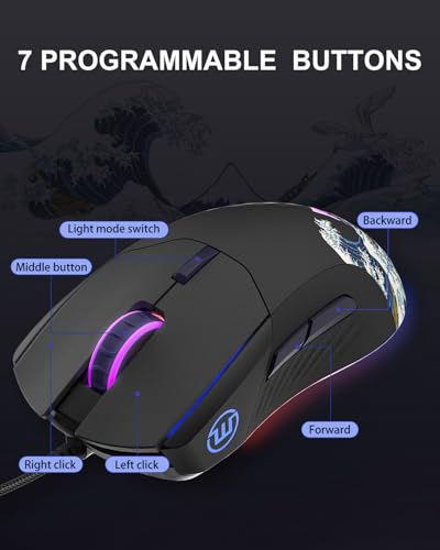 COSTOM Womier USB Wired Gaming Mouse for PC Computer Windows Mac Laptop, Lightweight Silent RGB Backlit Mouse with Adjustable 12000DPI/7 Programmable Side Buttons,Black Kanagawa Theme-G705 V2 - color: black 2