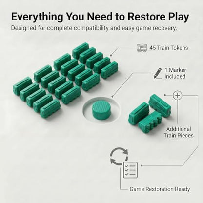 Replacement Train Pieces Compatible with Ticket to Ride (Green) | Includes 45 standard train tokens, one marker and additional spare trains. - color: Green