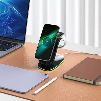 Wireless Charging Station, 2026 Upgraded Fast 15W 3-in-1 Charger Station for iPhone 17/16/15/14/13/12 Series, Watch Airpods 1-8/Ultra, iPad, AirPods