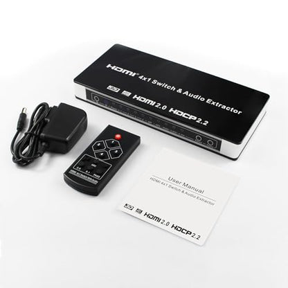 KAGO 4x1 HDMI Switch with Audio Extractor & eARC, 4K@60Hz HDR10, 4 in 1 Out HDMI Switcher with Optical Toslink, RCA L/R & HDMI Audio Out, Supports Dolby Atmos DTS:X, HDCP 2.2 for PS5, Xbox, Apple TV - size: audio 4 ports