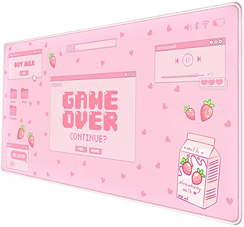 Pink Kawaii Anime Gaming Mouse Pad XXL, Strawberry Milk Mousepad Large, Aesthetic Laptop Keyboard Mats, Full Desk Mouse Mat for Women Girl 31.5X15.7 in - color: Pastel Game Over