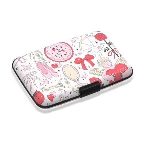 Credit Card Holder for Women, RFID Blocking Aluminum Hard Card Case, Mini Metal Wallet for Business Travel, Pink Bow Love - color: Pink Bow Love