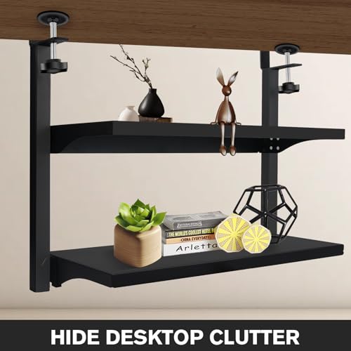 Clamp On Desk Shelf, Above or Under Office Desktop Shelves,Desk Attachment Shelf,Clip On Table Extension, Desk Extender Organizer Shelving for Gaming Organization Accessories