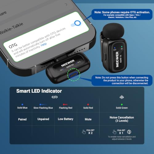 NEEWER KM19 Wireless Lavalier Microphone Compatible with iPhone 15 16 17 | Compatible with iPhone Android & PC, Mini Lav Mic, App Control, 3 Level Noise Cancelling, 30H Battery, 100m, Video Recording