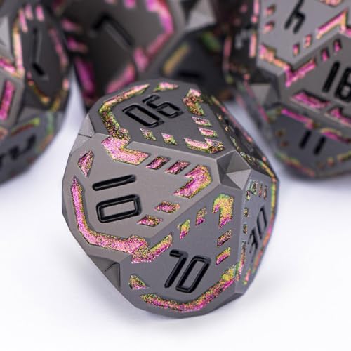 Metal DND Sci-fi Dice Set 7PCS Stripe Polyhedral Dice for Dungeons Dragons RPG Role Playing Game, Glitter D and D Dice with Gift Box D6 D8 D10 D12 D20 (Black&Purple Red) - color: Black - Red Purple