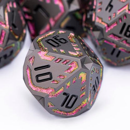 Metal DND Sci-fi Dice Set 7PCS Stripe Polyhedral Dice for Dungeons Dragons RPG Role Playing Game, Glitter D and D Dice with Gift Box D6 D8 D10 D12 D20 (Black&Purple Red) - color: Black - Red Purple