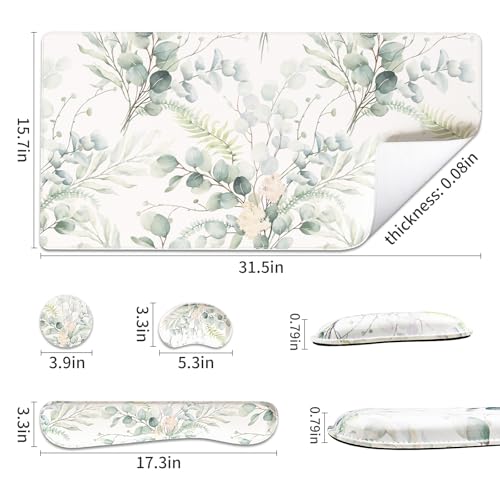 QIYI PU Leather Desk Mat Set, 4-in-1 Ergonomic Wrist Rest, Eucalyptus Leaf | Waterproof Large Mouse Pad 31.5×15.7 + Keyboard Wrist Rest + Mouse Wrist Support+Coaster, Non-Slip Office Gaming Accessories - color: Eucalyptus Leaf