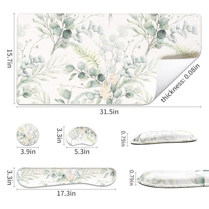 QIYI PU Leather Desk Mat Set, 4-in-1 Ergonomic Wrist Rest, Eucalyptus Leaf | Waterproof Large Mouse Pad 31.5×15.7 + Keyboard Wrist Rest + Mouse Wrist Support+Coaster, Non-Slip Office Gaming Accessories - color: Eucalyptus Leaf