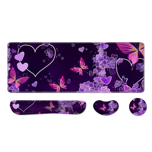Desk Pad and Keyboard Wrist Rest, Large Mouse Pad + Keyboard Pad+Mouse Wrist Support, Non-Slip Desk Mat Protector for Office, Home 31.5×11.8 Inches Purple Butterfly - color: Butterfly