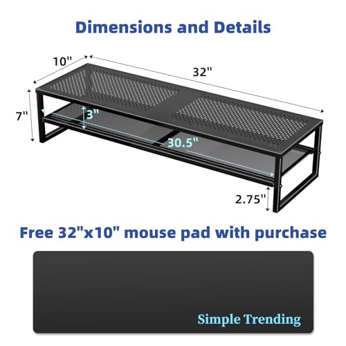 Simple Trending 2-Tier Dual Monitor Stand with Mouse Pad, Metal, Black | 32"W x 10"D x 7"H. Mesh cooling. Holds 100 lbs. Bottom tier fits keyboard & Xbox. Non-slip base. Free mouse pad.