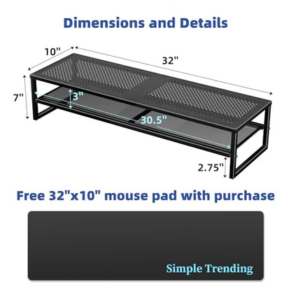 Simple Trending 2-Tier Dual Monitor Stand with Mouse Pad, Metal, Black | 32"W x 10"D x 7"H. Mesh cooling. Holds 100 lbs. Bottom tier fits keyboard & Xbox. Non-slip base. Free mouse pad.
