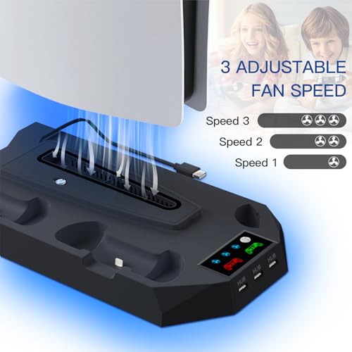 PS 5 Cooling Station, PS 5/Slim/Pro Stand with Dual Charging Station for ps 5, PS 5 Accessories Kits, Vertical Stand with 3 Levels Cooling Fan, Headset Holder for Ps 5 Digital/Disc - color: Black-1