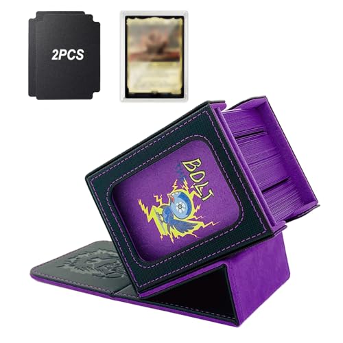 MTG Deck Box with Commander Display,Magnetic Card Storage Box Fits 100 Double Sleeved Cards,with 2 Dividers And 1 Mini Snap Card Holder Black/Violet - color: Black/Violet