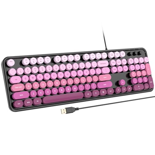 Atelus Computer Keyboard Wired, Retro USB Keyboard with Large Number Pad, Caps Indicators, Foldable Stands, Full Size Typewriter Keyboard for Windows PC Laptop (Black Pink) - color: Black Pink