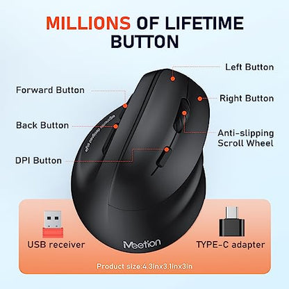 MEETION Ergonomic Mouse Wireless, RGB Backlit Vertical Mouse, 4 Adjustable DPI Rechargeable Mice for Bluetooth(5.2 + 3.0) & USB, for Mac/Windows/PC/Tablet/iPad, Black - color: Right Black