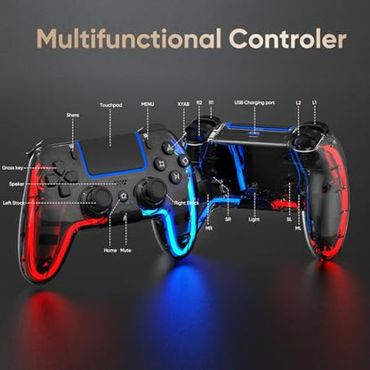 BETMI Wireless Controller for PS5, Pro/Slim/MAC/PC (Transparent Black) | Hall Effect Joysticks, Dual Vibration, Marco/Turbo/3.5mm Jack/6-Axis Gyro, Speaker, LED Gamepad for Steam Deck, L Red R Blue - color: Transparent Black, L Red R Blue