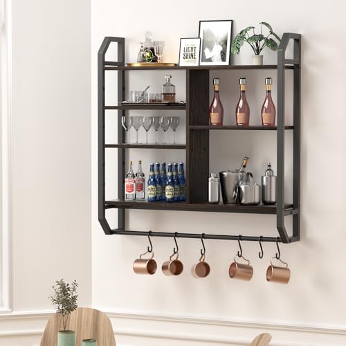 34" 6-Tier Adjustable Gaming Shelf, Wall Mount Floating Console Storage with LED Lights, Hanging Rod and 6 S-Hooks for PS5 Xbox Bedroom Display, Black