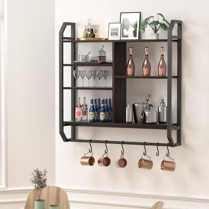 34" 6-Tier Adjustable Gaming Shelf, Wall Mount Floating Console Storage with LED Lights, Hanging Rod and 6 S-Hooks for PS5 Xbox Bedroom Display, Black