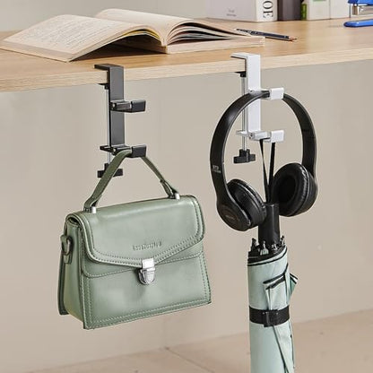 Heavyrain Desk Edge Headphone Holder and Bag Hook, Clamp-On Design, No Drill Installation, Metal, Black - color: black.