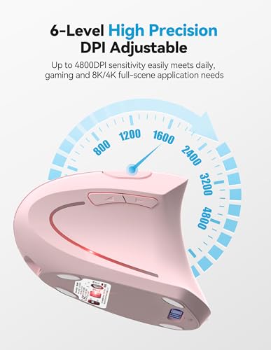 TECKNET Ergonomic Mouse Wireless, Rechargeable Vertical Mice Right Hand | 2.4G+Bluetooth, Multi Device, 4800 DPI Adjustable, Optical Carpal Tunnel Mouse, for Laptop, PC, Computer, MacBook, iPad, Pink - color: Pink