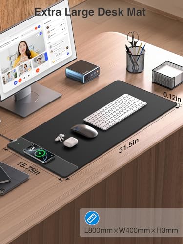 Wireless Charging Mouse Pad, 31.5"x15.8" Large Desk Mat, Smooth Glide | Waterproof Mousepad, Stitched Edge, Non-Slip Rubber Base, Desk Pad Computer Keyboard Mat, No Adapter - color: Black-31.5"x15.8"