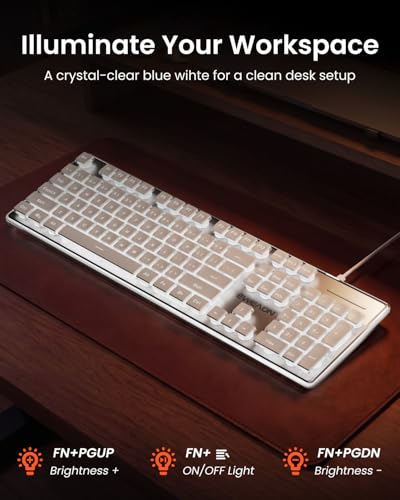 SEUNKWANG Wired Backlit Keyboard with Pudding Keycaps, Quiet Full Size Computer Keyboard White Backlight Easy-to-Read, Never Fade, Metal Panel, USB Cute Desk Setup for Windows PC Desktop, White - color: White