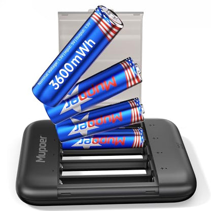 Mupoer Rechargeable AA Batteries with Box,3600mWh Lithium Batteries AA 1.5V 4 Count,Double A Battery Rechargeable,Long Lasting Lithium ion with Ultra Thin Charging Storage Box for Blink Xbox - size: Portable Charger +4AA3600mWh