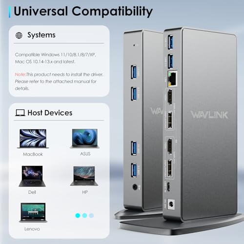WAVLINK Pro Dual 4K@60Hz Universal Docking Station | USB 3.0/USB-C Laptop Dock for Mac & Windows | 2 HDMI/DP Monitors, Gigabit Ethernet, 6 USB 3.0 | Home Office & Multi-Screen Productivity. - color: 69DK11