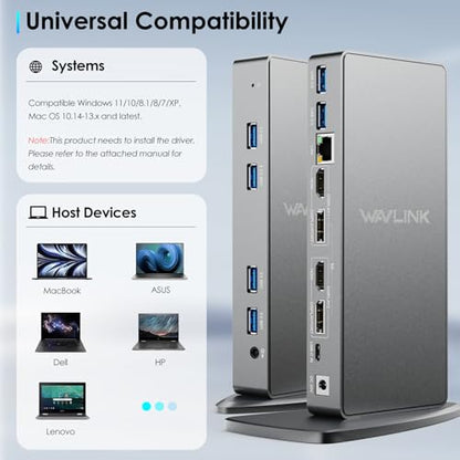WAVLINK Pro Dual 4K@60Hz Universal Docking Station | USB 3.0/USB-C Laptop Dock for Mac & Windows | 2 HDMI/DP Monitors, Gigabit Ethernet, 6 USB 3.0 | Home Office & Multi-Screen Productivity. - color: 69DK11