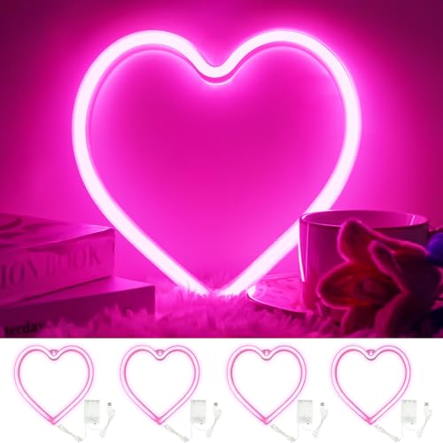 4PK Pink Heart Neon Sign Battery Operated or USB Powered LED Heart Light | LED Heart Neon Lamp for Valentines Day Wedding Proposal Mother's Day Dorm Bedroom Decor, Gifts for Mom Wife Girfriend Girls - color: Pink, size: 4 pack