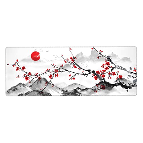 Watercolor Cherry Blossom Mouse Pad 31.5x11.8 Inch Pink Full Desk Japanese Sakura Mousepad Extended Large Non-Slip Rubber Base Waterproof Big Keyboard Mat with Stitched Edges for Gaming and Office - color: Cherry Blossom 1