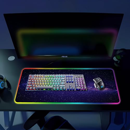 RGB Gaming Mouse Pad, Large Mousepad with Led Light, Gaming Accessories Keyboard Pad for Desk, Non-Slip Rubber Base Big Mouse Mat for Gamer, 31.5 X 11.8 Inch, Black Gold Mountain - color: 09 Purple Space