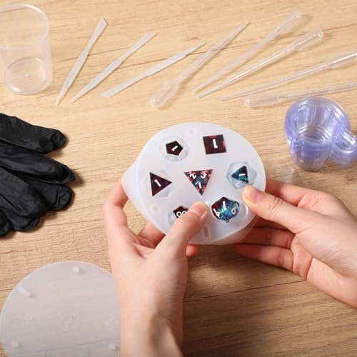 38 Pcs Dice Molds for Resin Set Resin Kit for Beginners with Silicone Dice Mold Gloves Mixing Sticks Measuring Cup Pour Cups Droppers Brushes Glitter Gold Powder DIY Gift for Tabletop RPG Lovers