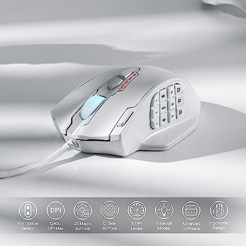 Redragon M908 Impact RGB LED MMO Gaming Mouse with 12 Side Buttons, Optical Wired Ergonomic Mouse with Max 12,400DPI, High Precision, 18 Programmable Macro Shortcuts, Comfort Grip, White | Stable Lag-Free Connection, Redefine Keybinding Macro, Vibing Back