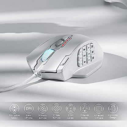 Redragon M908 Impact RGB LED MMO Gaming Mouse with 12 Side Buttons, Optical Wired Ergonomic Mouse with Max 12,400DPI, High Precision, 18 Programmable Macro Shortcuts, Comfort Grip, White | Stable Lag-Free Connection, Redefine Keybinding Macro, Vibing Back