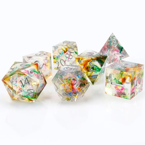 Haxtec Galaxy DND Dice Set Sharp Edge Resin Polyhedral Dice, Holographic Style D&D Dice with Metal Case, Handmade Irridescent Mylar Inside Dice Set for Dungeons and Dragons TTRPG, DND Gift - color: Rainbow