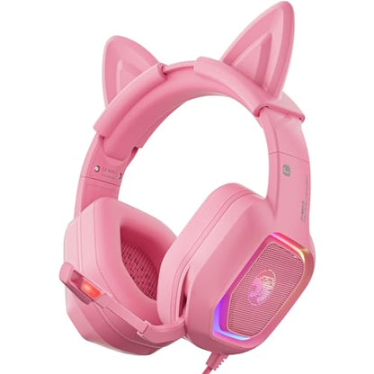 ZIUMIER Pink Wired Gaming Headset with Detachable Cat Ears | Noise Canceling Microphone, LED Light, 50mm Driver, 3.5mm Audio Jack, Compatible with PS4 PS5 Xbox Series X|S Xbox One PC